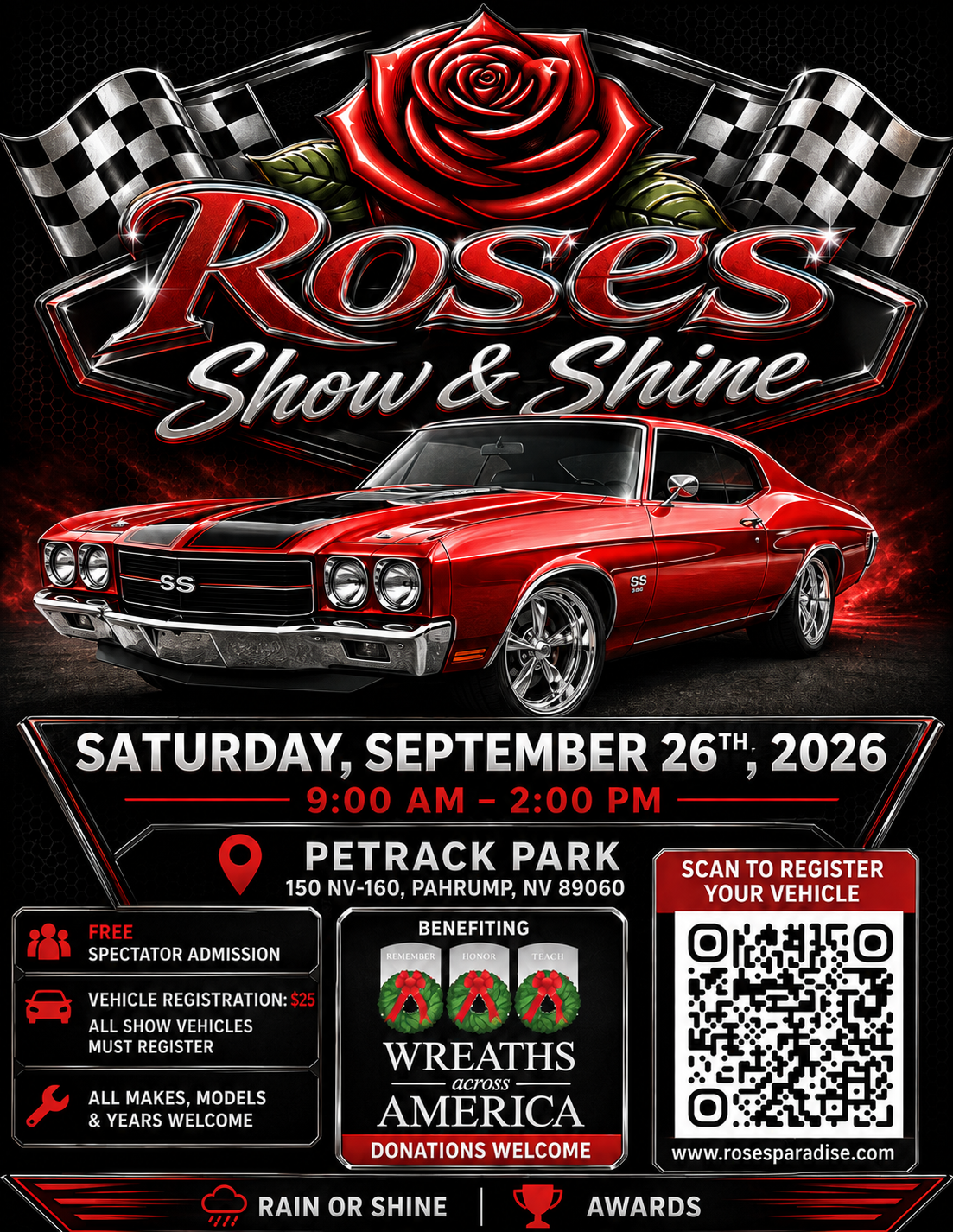 Roses Show & Shine Fall 2026 event flyer — red Chevelle, rose emblem, and event details